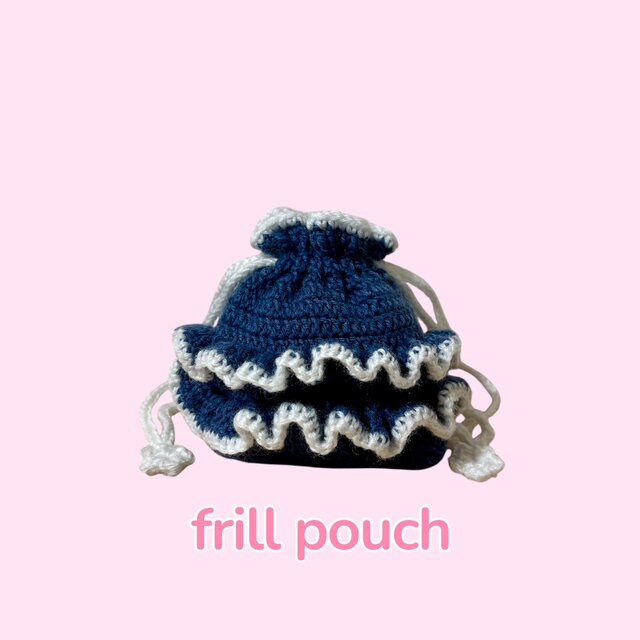 夏らしい波のようなフリル巾着袋 ブルー ハンドメイド ポーチ 小物入れ
