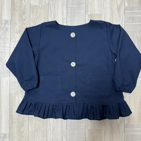 【80～160】ネイビー 無地 シンプル 紺 前ボタン 長袖スモック 裾フリル 着丈延長可