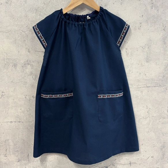 【S〜LL】大人用スモック ③ホワイト 花柄 リボンライン×ネイビー 半袖 スモック ショート袖