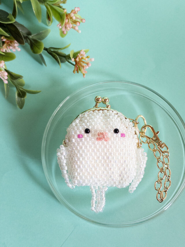 文鳥(白)のビーズミニがま口