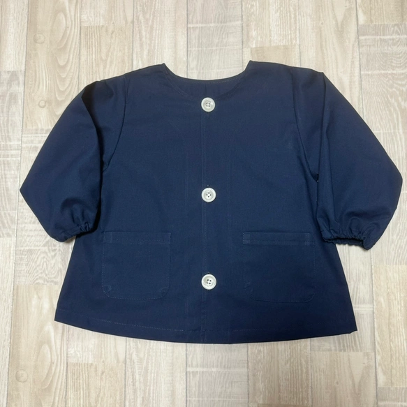 【80～160】ネイビー 無地 シンプル 紺 前ボタン 長袖スモック 着丈延長可