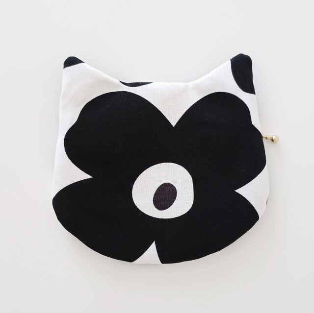 ねこポーチ 16cmファスナー モノトーン 花柄 フラットポーチ プチ