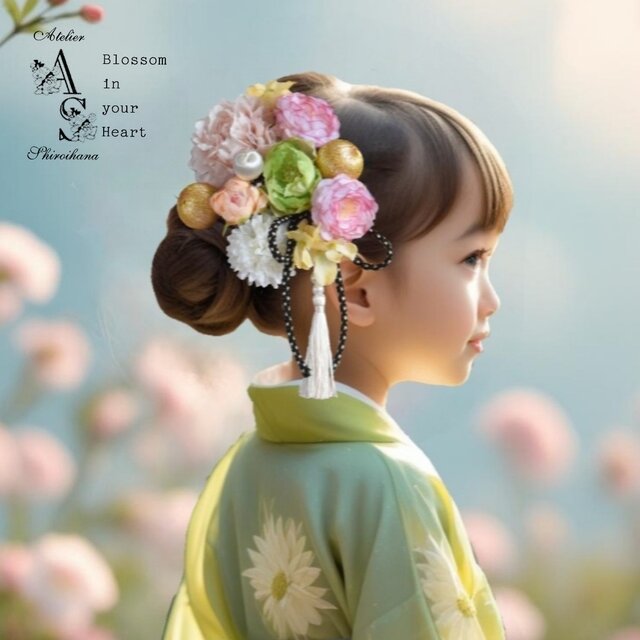 ⋆10点set⋆ ピンクイエロー：ダリア・ローズ・マム 和風髪飾り《ワイヤー入りピック》