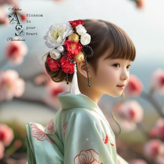 ⋆7点set⋆ 紅白：ラナンキュラス・ローズ 和風髪飾り《ワイヤー入りピック》