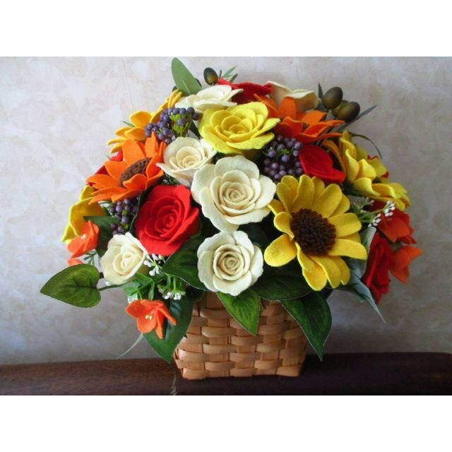 【展示品】フェルトの花＊向日葵と薔薇の花カゴ・フラワーアレンジメント