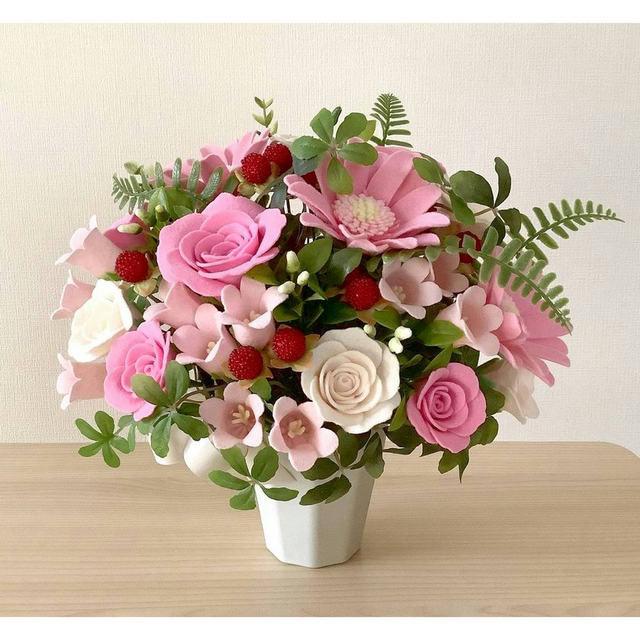 【展示品】フェルトの花＊ガーベラと薔薇のカントリーポット