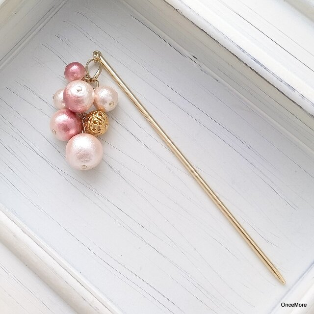 【現品限り】ピンクのコットンパールころころかんざし