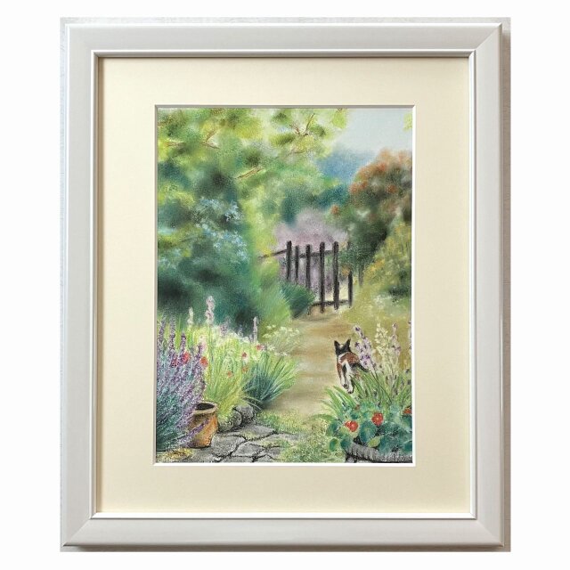 猫のいる庭（パステル画　原画）４号