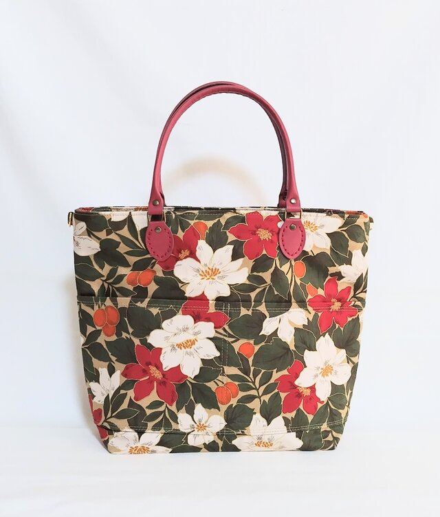 和風モダンの花　2Wayハンドバッグ(レッド）