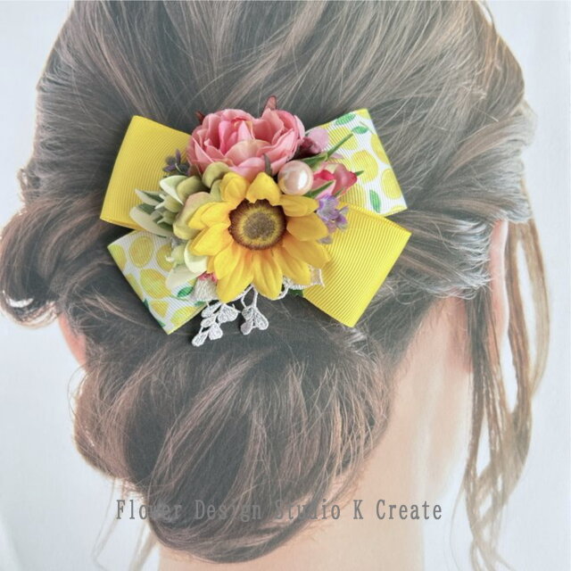 向日葵と薔薇のヘアクリップ リボン バラ クリップ 髪飾り ヘア