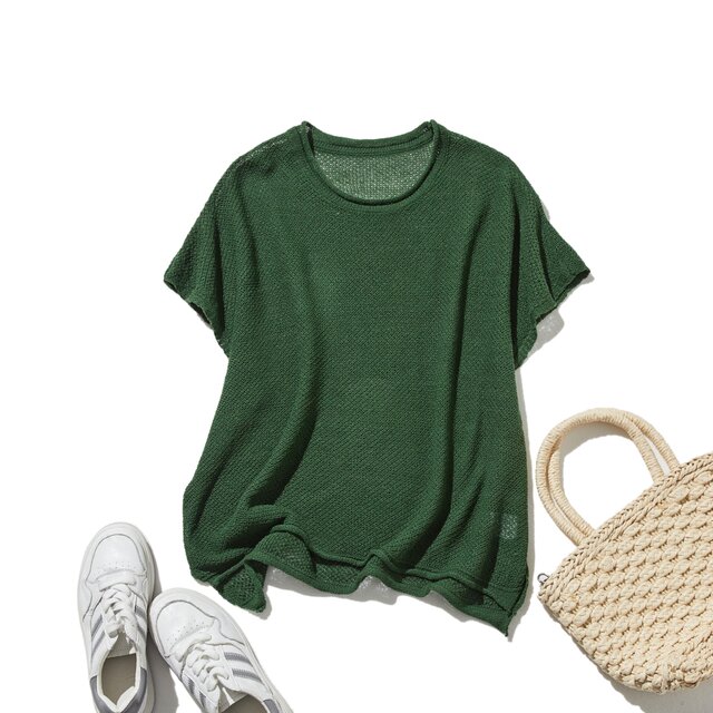 夏も冬も快適！立体編みのリネンコットンニットプルオーバー　グリーン　250703-3