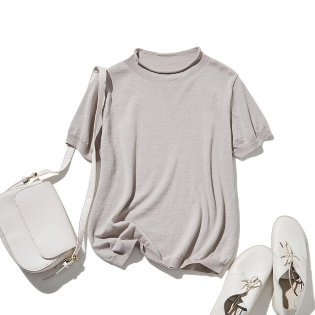 夏の定番に！涼やか着回しニット　リネン コットン半袖トップス　ベージュグレー　250704-2