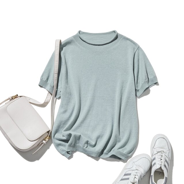 夏の定番に！涼やか着回しニット　リネン コットン半袖トップス　薄緑　250704-3