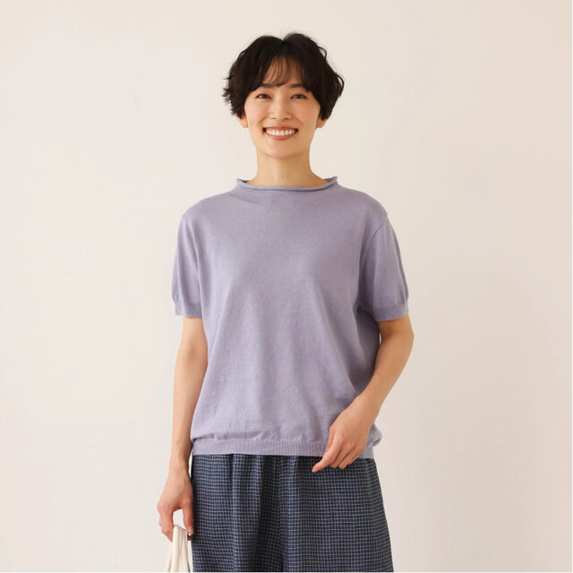 夏の定番に！涼やか着回しニット　リネン コットン半袖トップス　明るく渋い青紫色　250704-4