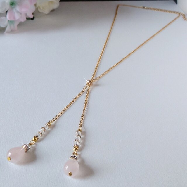 『10月の誕生石』ローズクォーツと水晶の天然石 ネックレス ペンダント