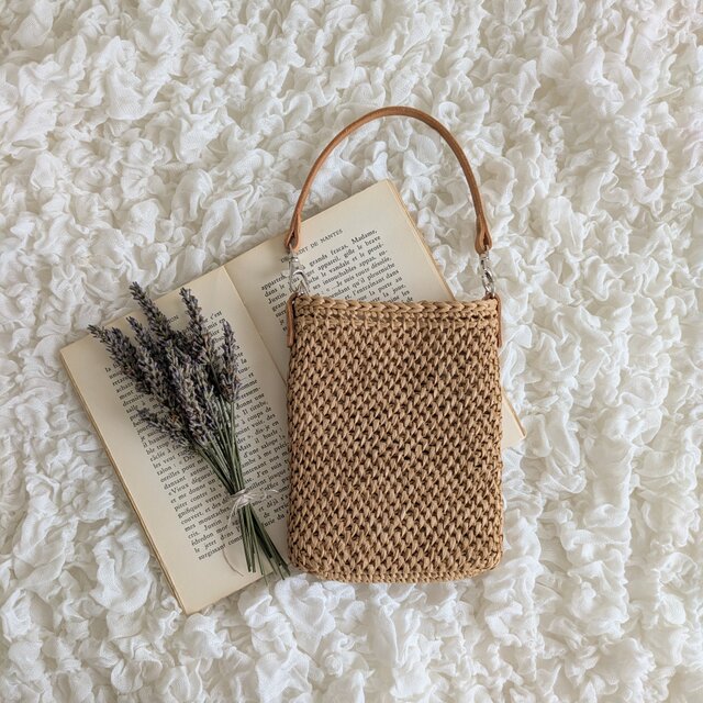 ラフィア風ミニバッグ オートミールｘキャメル(TCフルステッチ)