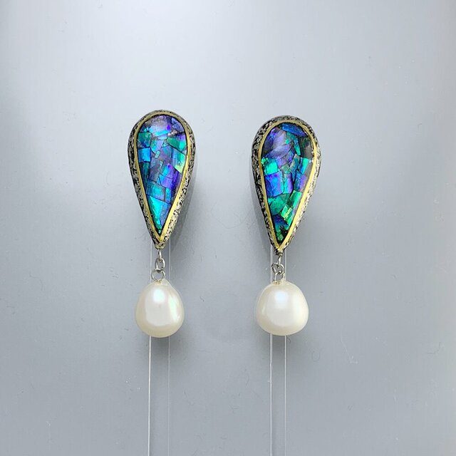 【sv925】螺鈿とパールのイヤリング プラチナ箔 金箔 淡水パール
