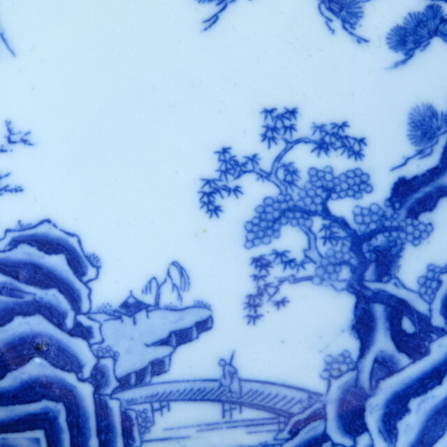 特価¥1800→¥1000】青い山水の絵◇伊万里 印判イゲ皿 中皿 骨董