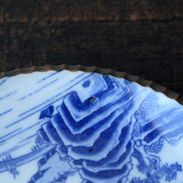 特価¥1800→¥1000】青い山水の絵◇伊万里 印判イゲ皿 中皿 骨董