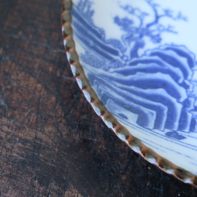 特価¥1800→¥1000】青い山水の絵◇伊万里 印判イゲ皿 中皿 骨董