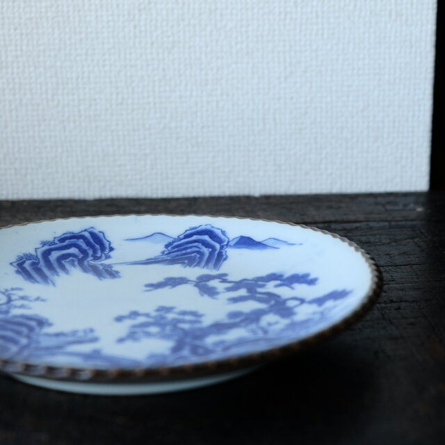 古伊万里 江戸時代中期 青い山水画の陶磁器平皿 特価¥1800→¥1000】青い山水の絵◇伊万里 印判イゲ皿 中皿 骨董