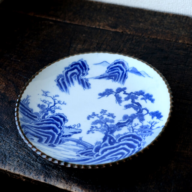 特価¥1800→¥1000】青い山水の絵◇伊万里 印判イゲ皿 中皿 骨董