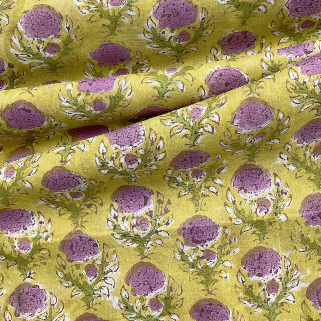 インド ブロックプリント生地 [50cm単位切売] Sanganeri マリーゴールド イエロー地 SA 花IF0290