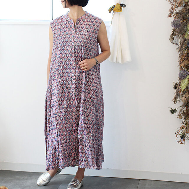 ブロックプリントコットンクリンクルワンピース【パープル花柄】