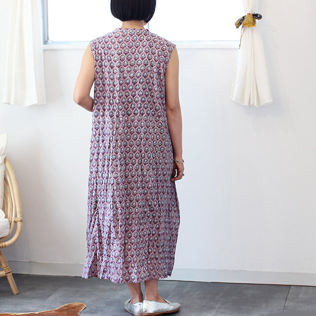 ブロックプリントコットンクリンクルワンピース【パープル花柄