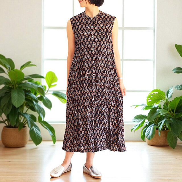 ブロックプリントコットンクリンクルワンピース【ブラック花柄】