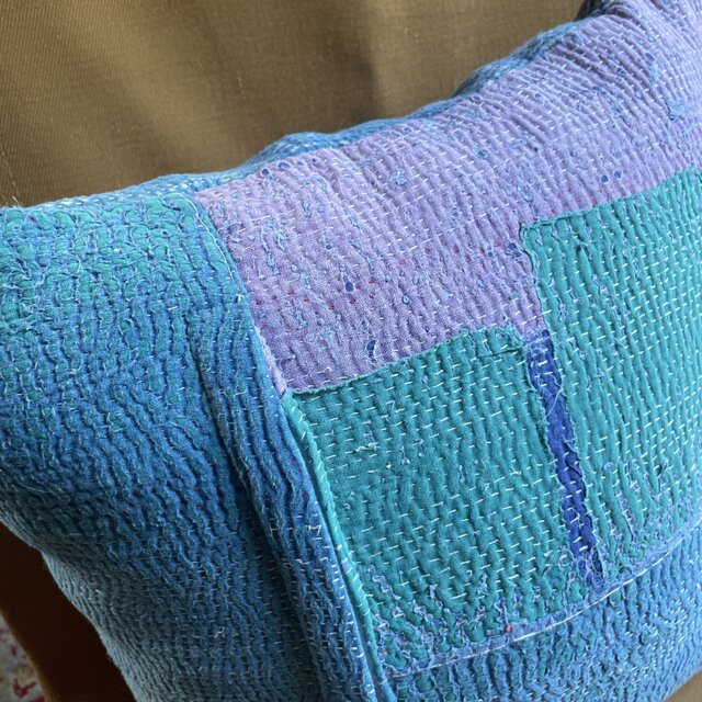 40×40 インド ヴィンテージ カンタキルト クッションカバー 青空