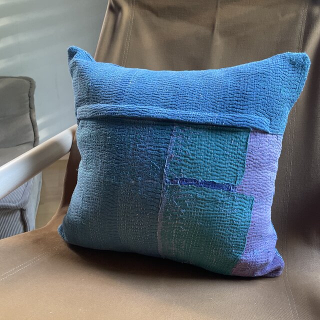 40×40 インド ヴィンテージ カンタキルト クッションカバー 青空