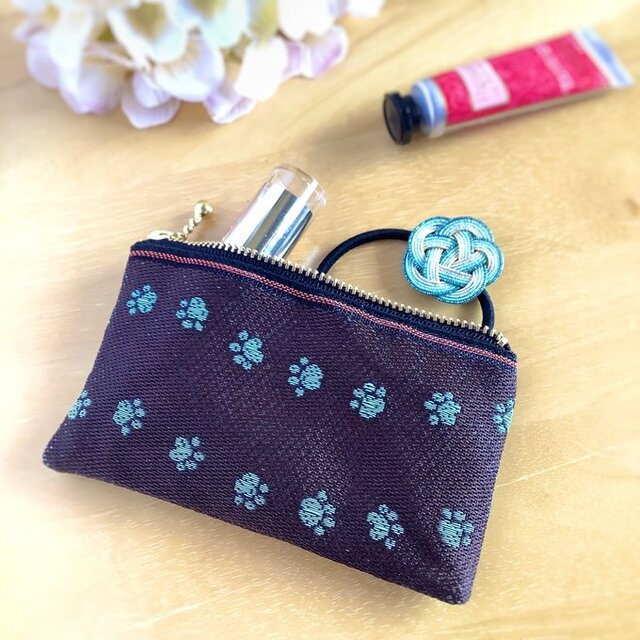 【足あと】畳縁　ぺたんこ　ミニポーチ　カードケース　小銭入れ　肉球　チョコミント　犬　猫