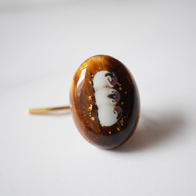 天然石タイガーアイと雀、金箔のポニーフック 帯留め  ブローチ