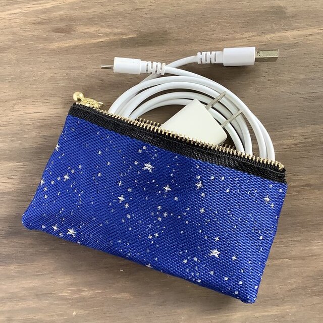 【星降る夜　銀星】畳縁　ぺたんこ　ミニポーチ　小銭入れ　カードケース　星　スター　宇宙　空　紺　銀