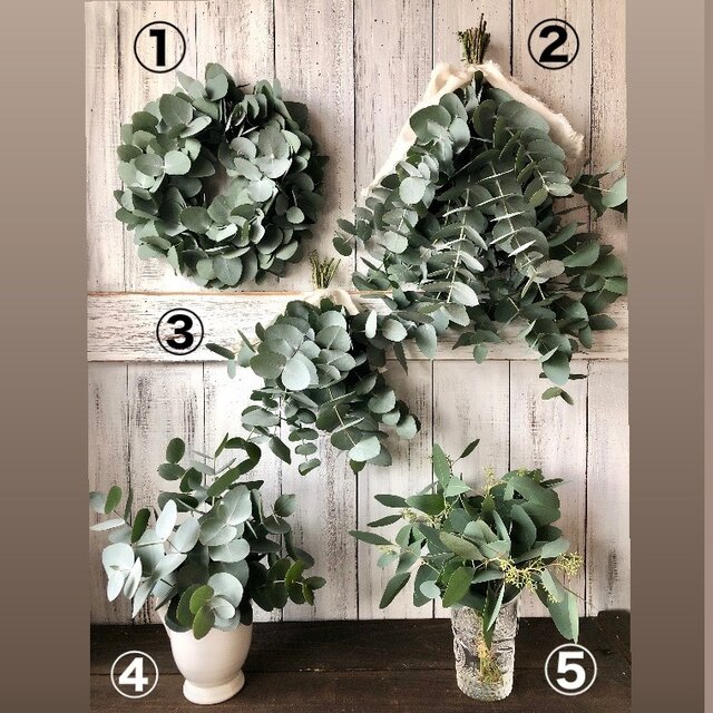 星月猫★「新鮮なユーカリの香りを たっぷり楽しめる5点セット」ドライフラワー　リース スワッグ 生花 花束、インテリア