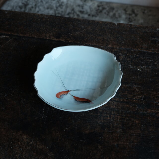 変形皿 刺し身皿 格子柄と海老◇美濃焼 青磁銀彩変形皿 刺身皿 丁寧な暮らしに。古民家