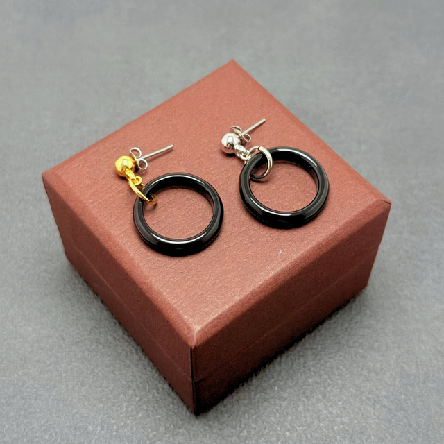 20mm オニキス/黒瑪瑙  K18GP RHP 天然石ピアス - リング