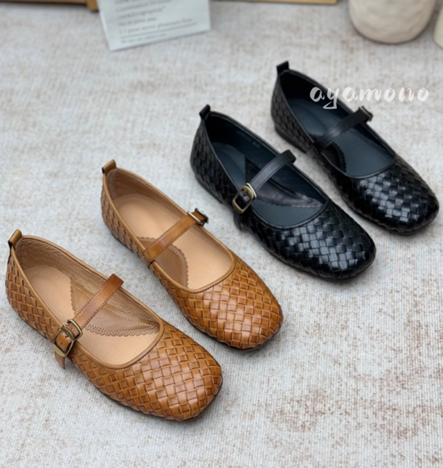 【受注製作】丸トウパンプス シューズ 編み込み 手製牛革レザー EU891