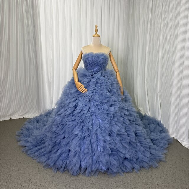 カラードレス ブルー ベアトップ もこもこドレス ロングトレーン 編み上げ 抜群のおしゃれ見え