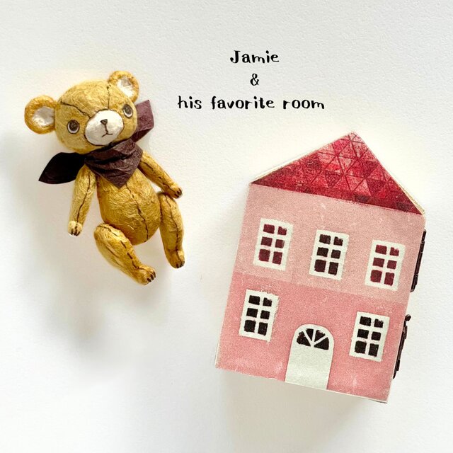 身長５cmのミニチュアテディベア／キャメル(和紙で作った小さなくまのお人形)＆夢のドールハウスセット