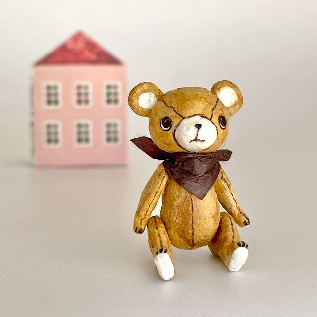 身長5cmのミニチュアテディベア／キャメル(和紙で作った小さなくまの