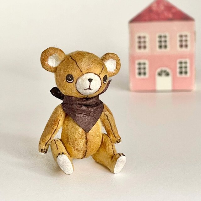 身長5cmのミニチュアテディベア／キャメル(和紙で作った小さなくまの