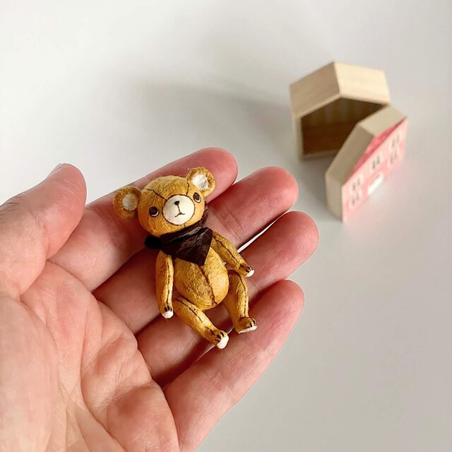 身長5cmのミニチュアテディベア／キャメル(和紙で作った小さなくまの