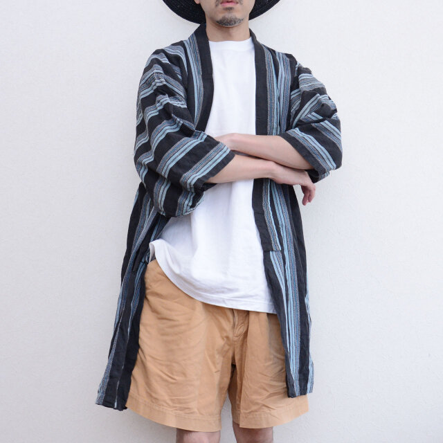 野良着 黒縞模様×藍無地裏地｜着丈長め｜木綿｜昭和初期〜中期