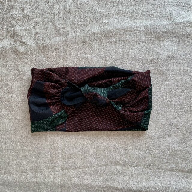 ヘアバンド　Vintage Kimono地 赤×緑 大島