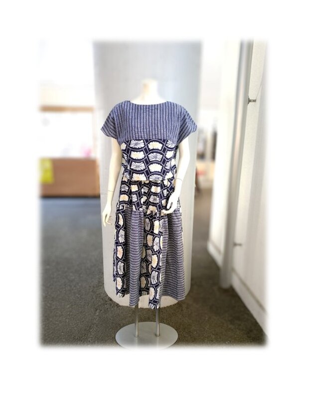 49　ツーピース　デッドストック　2種類の浴衣地　1点物　フレアスカート　クロップド丈プルオーバー　夏　