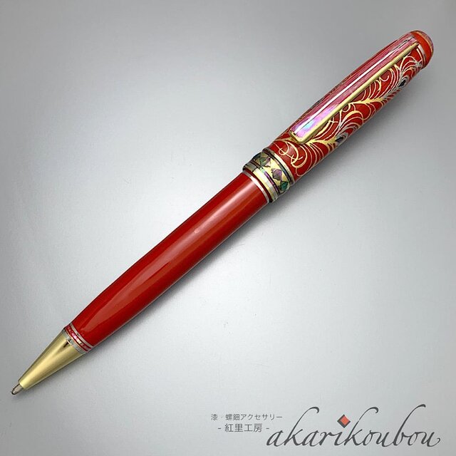 漆・螺鈿ボールペン 孔雀羽紋様 本朱漆 純金箔 プラチナ箔