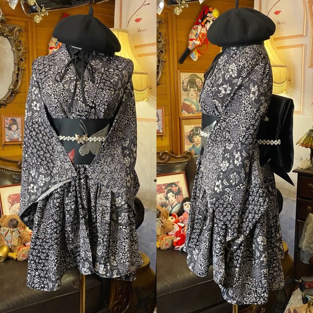 お着物　リメイク　2点セット　ワンピース　ハンドメイド 着物 ミニ丈 ワンピース ドレス 和ロリ 2部式作り帯 名古屋帯