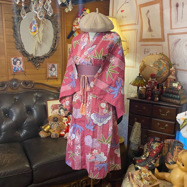 浴衣リメイク ミニミディ ワンピース ドレス 名古屋帯サッシュベルト付 和洋折衷 レトロ 古着 ハンドメイド 藤霞のストライプに瑠璃菊と牡丹が咲き競う W-650 和洋折衷 浴衣 リメイク ワンピース ドレス 名古屋帯サッシュベルト